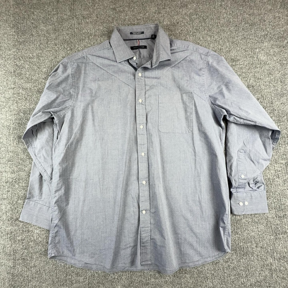 Tommy Hilfiger Dress Shirt Mens 17-17.5 34/35 Blue Polka Dot Stretch XL Chambray